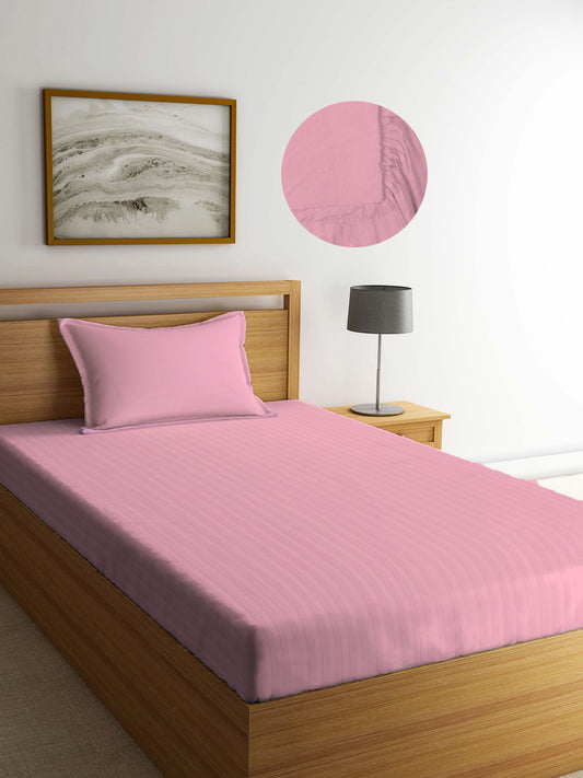 Arrabi Pink Stripes TC Cotton Blend Single Size Fitted Bedsheet with 1 Pillow Cover (220 X 150 cm)