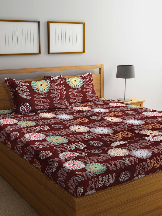 Arrabi Brown Floral TC Cotton Blend Super King Size Bedsheet with 2 Pillow Covers (270 X 260 cm)