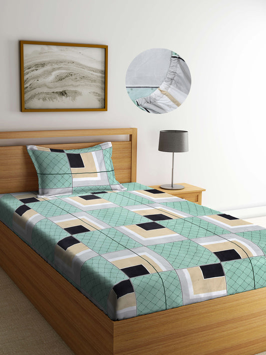 Arrabi Green Geometric TC Cotton Blend Single Size Fitted Bedsheet with 1 Pillow Cover (220 X 150 cm)