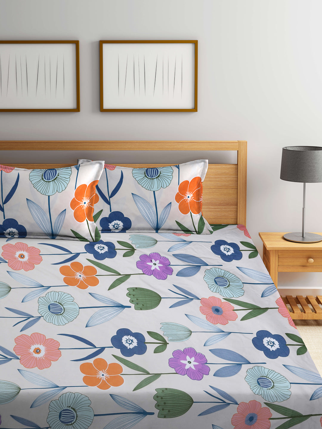 Arrabi Multi Floral TC Cotton Blend King Size Bedsheet with 2 Pillow Covers (250 X 215 cm)