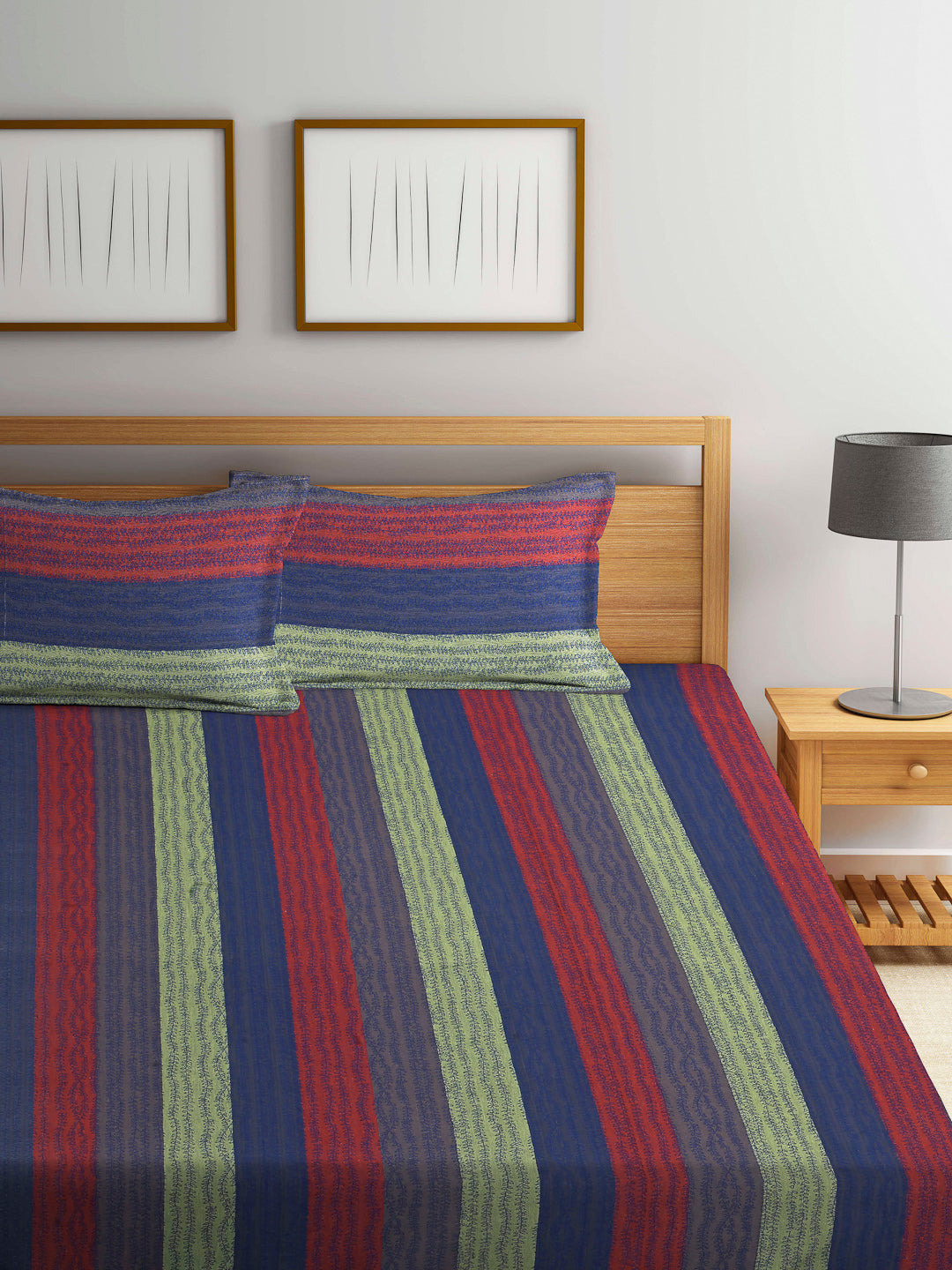Arrabi Multi Stripes Handwoven Cotton King Size Bedsheet with 2 Pillow Covers (260 X 230 cm)