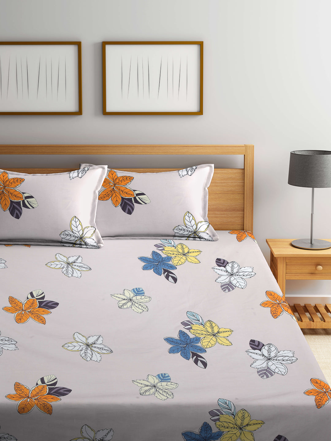 Arrabi Beige Floral TC Cotton Blend Double Size Bedsheet with 2 Pillow Covers (250 x 215 cm)