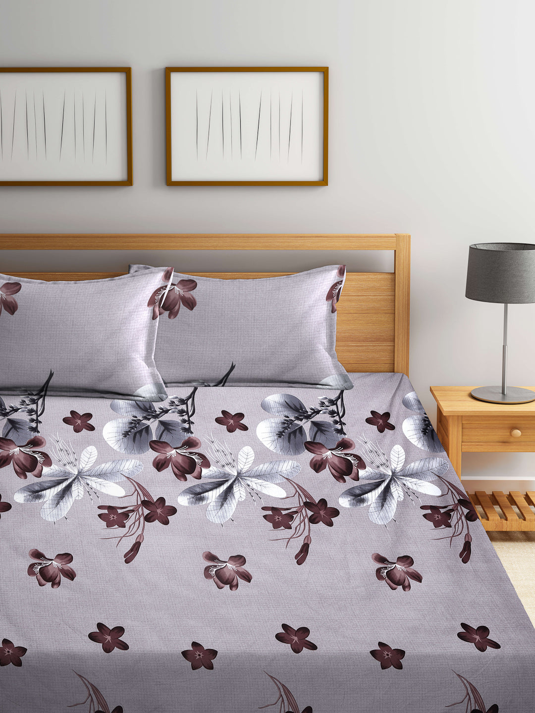 Arrabi Brown Floral TC Cotton Blend King Size Fitted Bedsheet with 2 Pillow Covers (250 X 220 Cm )