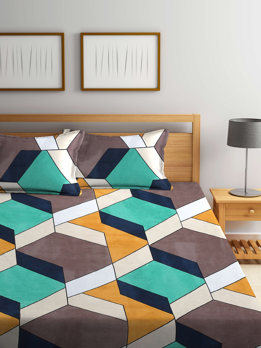 Arrabi Multi Geometric TC Cotton Blend Double Size Bedsheet with 2 Pillow Covers (250 x 215 cm)