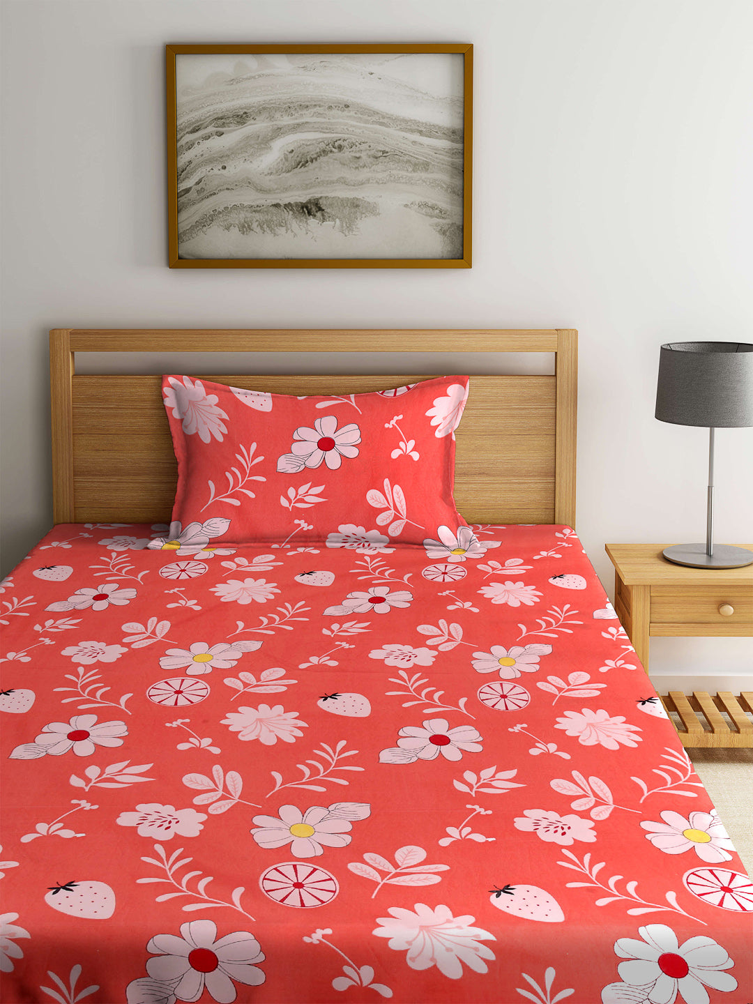 Arrabi Orange Floral TC Cotton Blend Single Size Fitted Bedsheet with 1 Pillow Cover (220 X 150 cm)