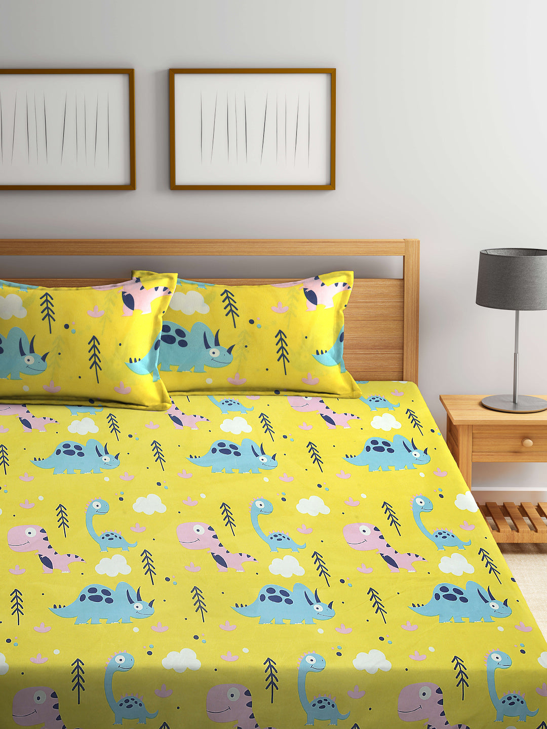 Arrabi Yellow Cartoon TC Cotton Blend King Size Bedsheet with 2 Pillow Covers (250 X 215 cm)