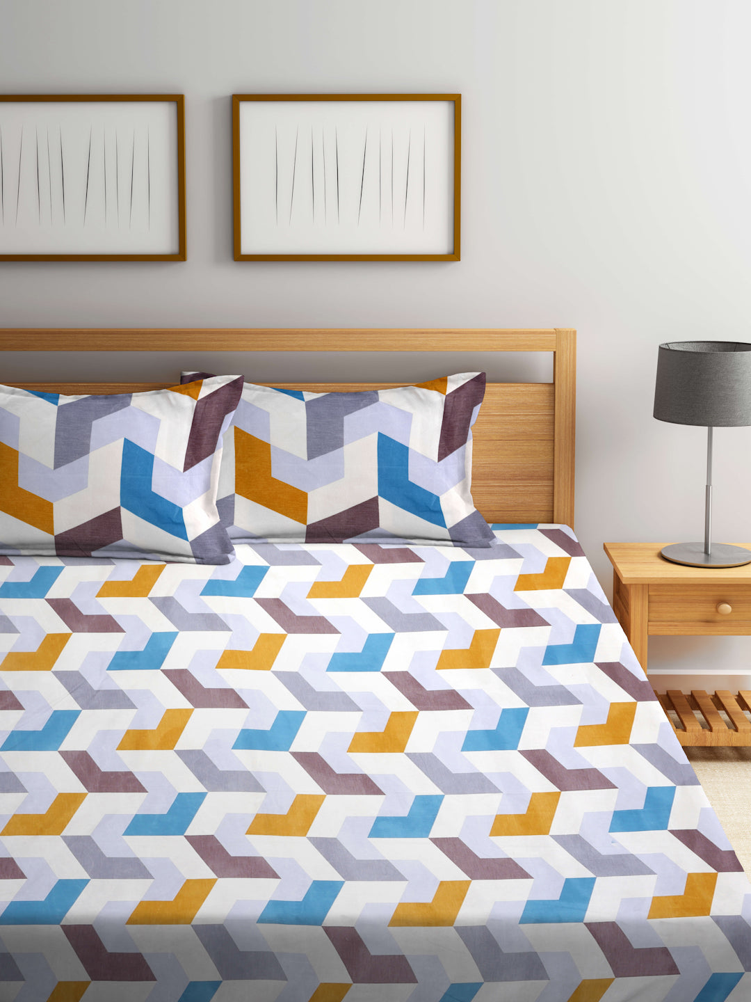 Arrabi Multi Geometric TC Cotton Blend Super King Size Fitted Bedsheet with 2 Pillow Covers(270 X 260 Cm )