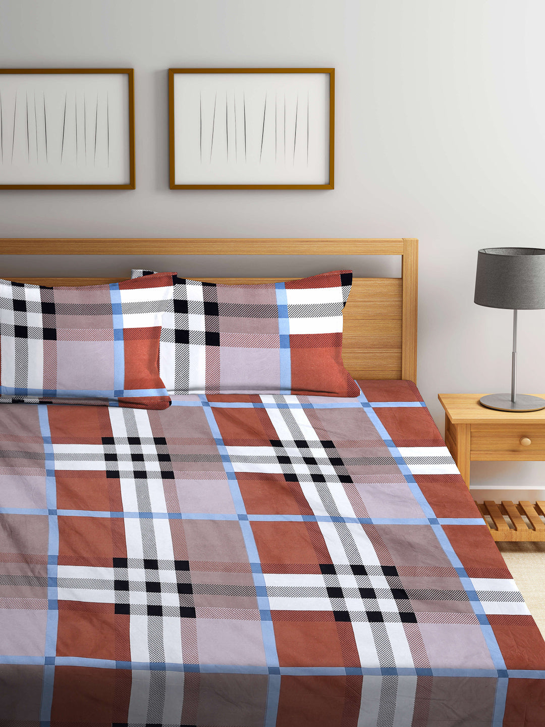 Arrabi Multi Checks TC Cotton Blend King Size Fitted Bedsheet with 2 Pillow Covers (250 X 220 Cm )