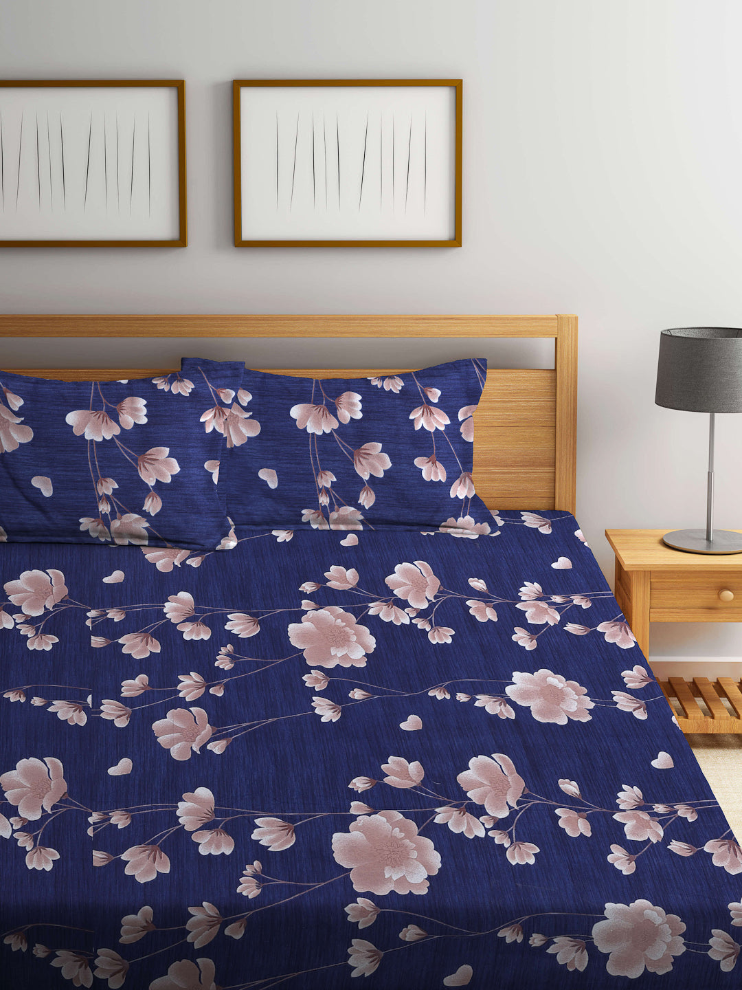 Arrabi Blue Floral TC Cotton Blend King Size Fitted Bedsheet with 2 Pillow Covers (250 X 220 Cm )
