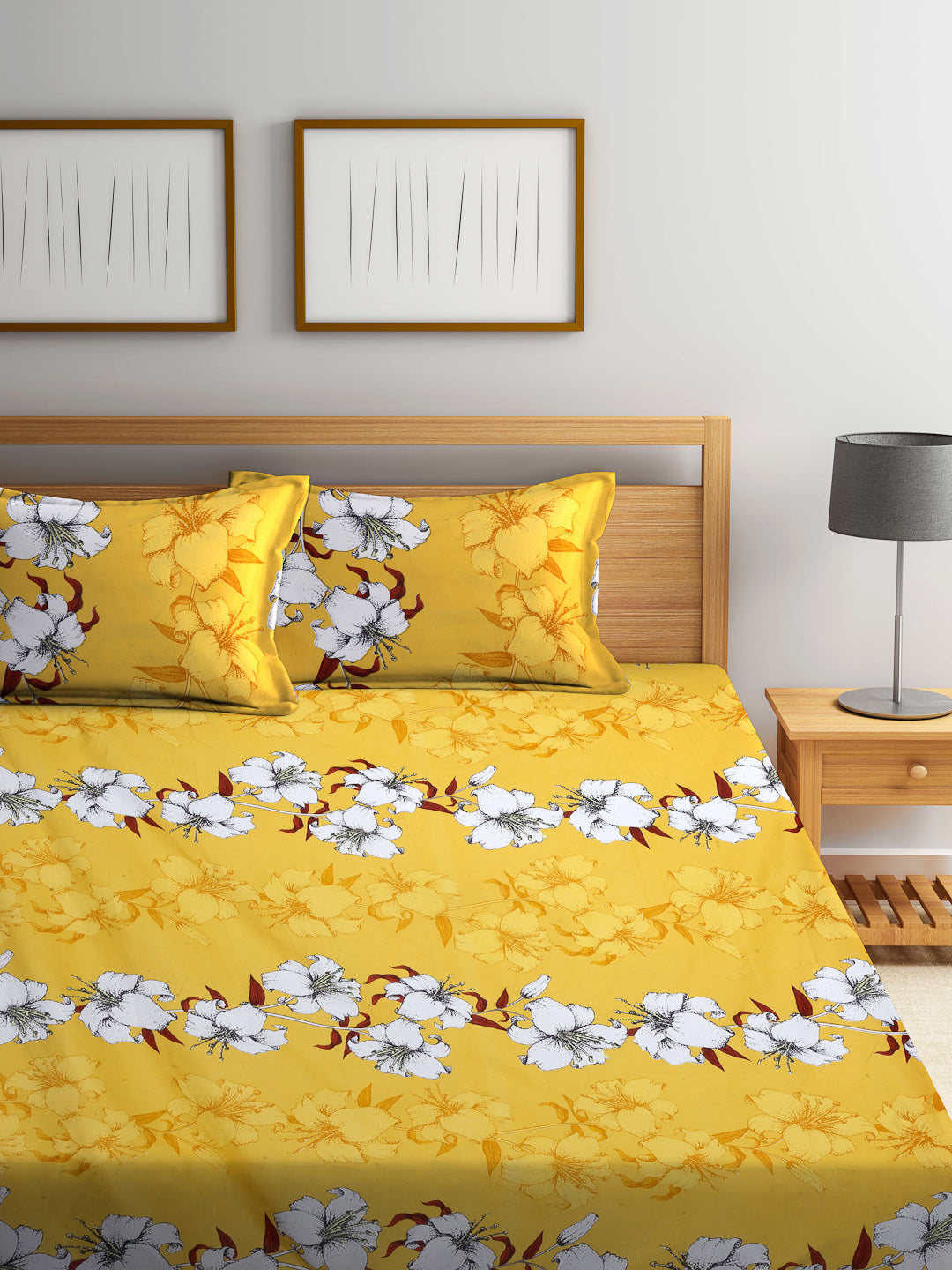 Arrabi Yellow Floral TC Cotton Blend King Size Fitted Bedsheet with 2 Pillow Covers (250 X 215 Cm )