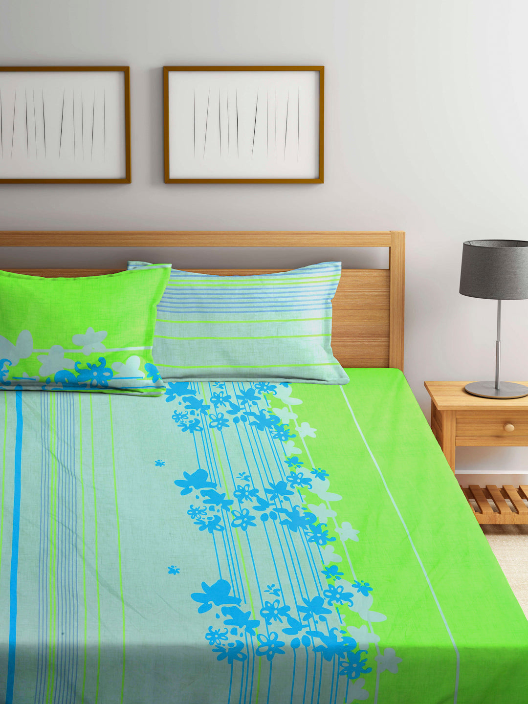 Arrabi Green Floral TC Cotton Blend Double King Size Bedsheet with 2 Pillow Covers (270 x 260 cm)