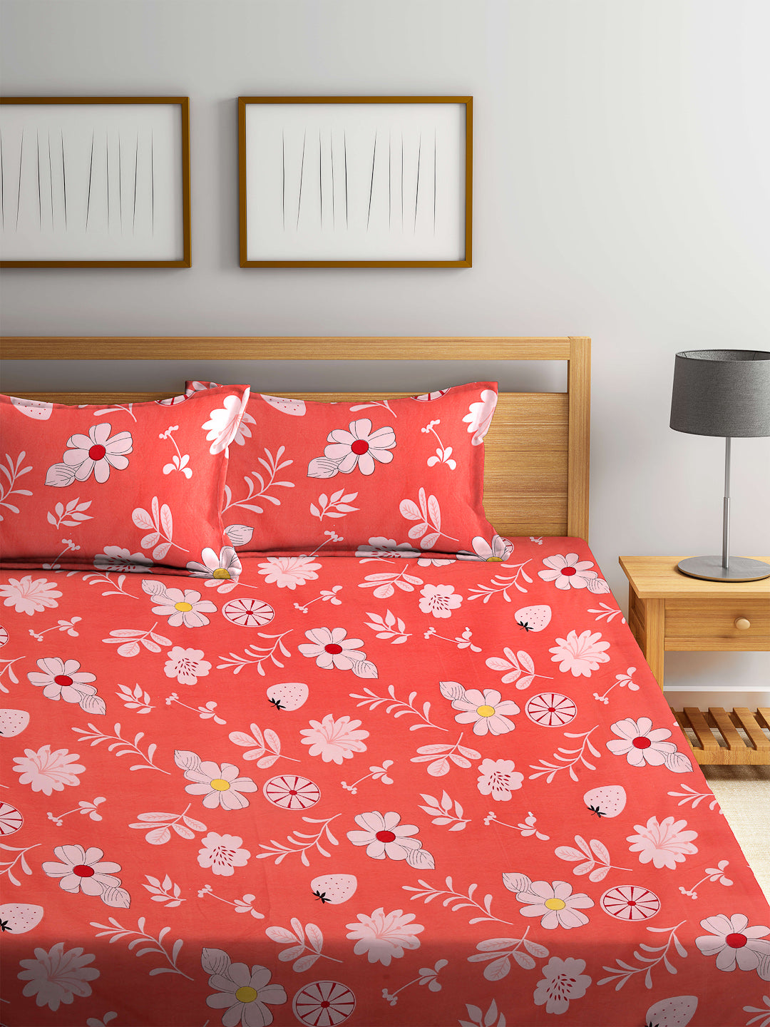 Arrabi Orange Floral TC Cotton Blend Double Size Fitted Bedsheet with 2 Pillow Cover ( 250 x 225 cm)