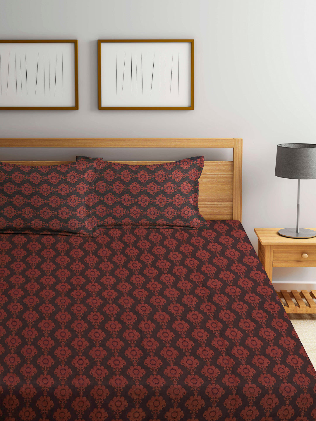 Arrabi Brown Indian Handwoven Cotton King Size Bedsheet with 2 Pillow Covers (260 X 230 cm)