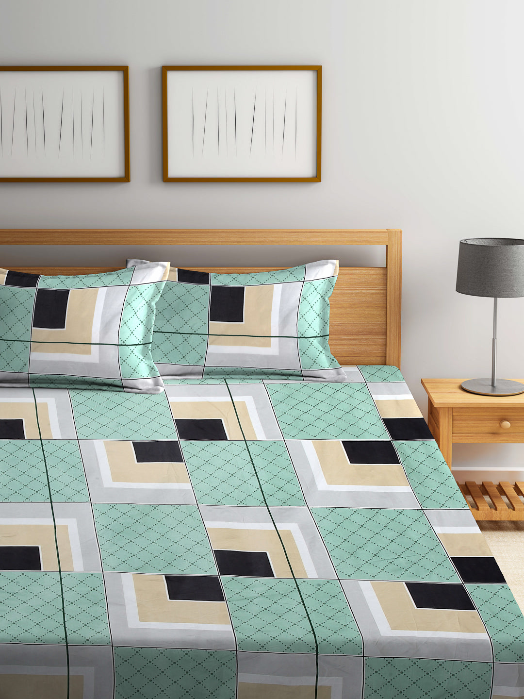 Arrabi Green Graphic TC Cotton Blend King Size Fitted Bedsheet with 2 Pillow Covers (250 X 215 Cm )