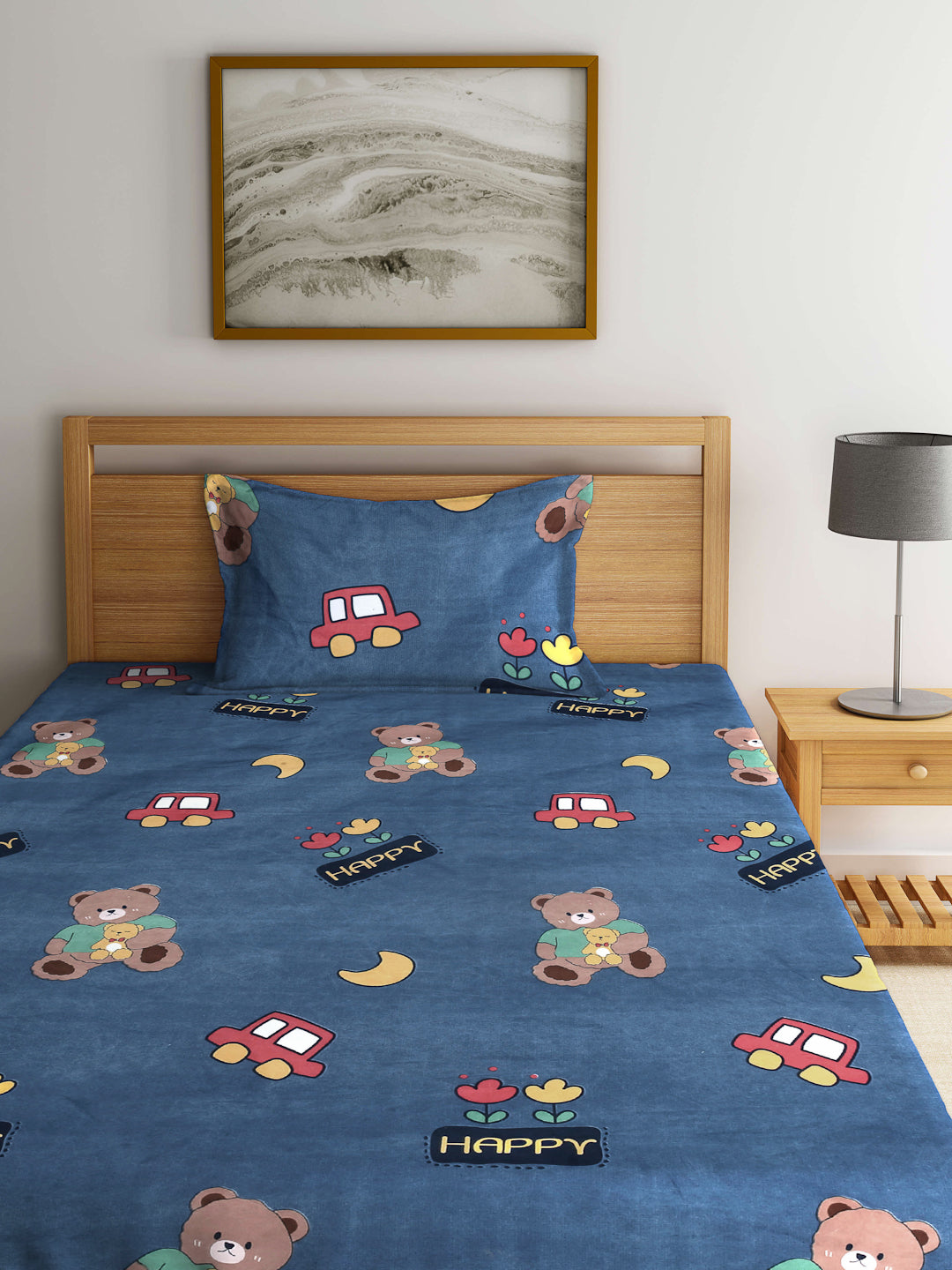 Arrabi Blue Cartoon TC Cotton Blend Single Size Bedsheet with 1 Pillow Cover ( 215 X 150 cm)
