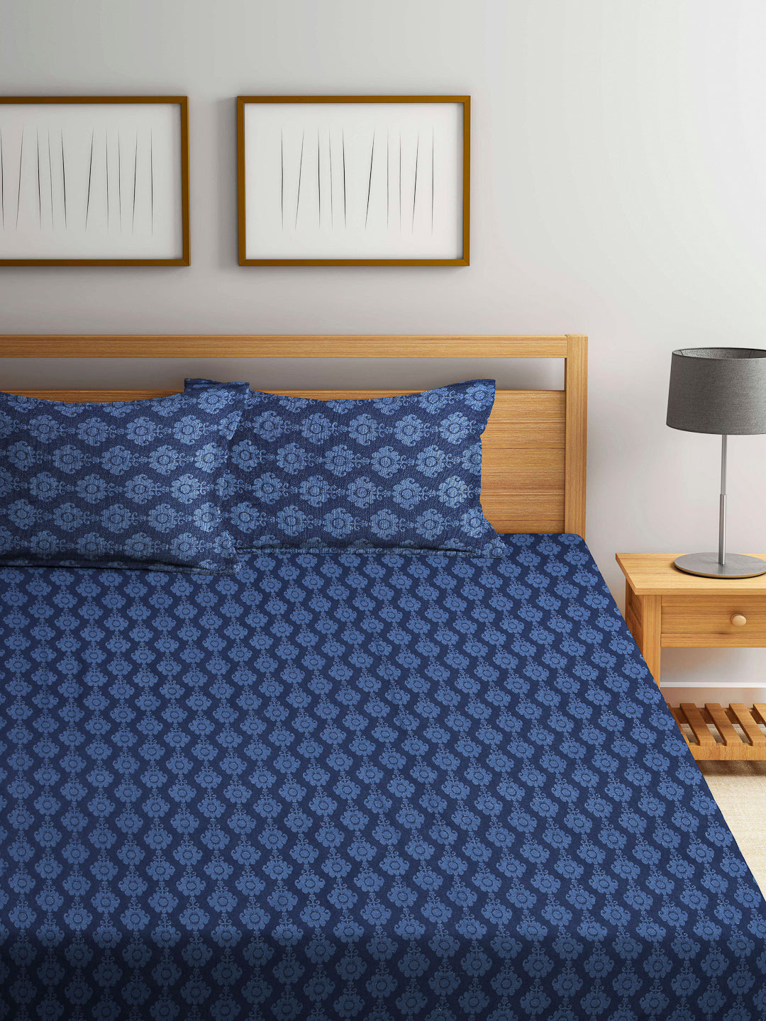 Arrabi Blue Indian Handwoven Cotton King Size Bedsheet with 2 Pillow Covers (260 X 230 cm)