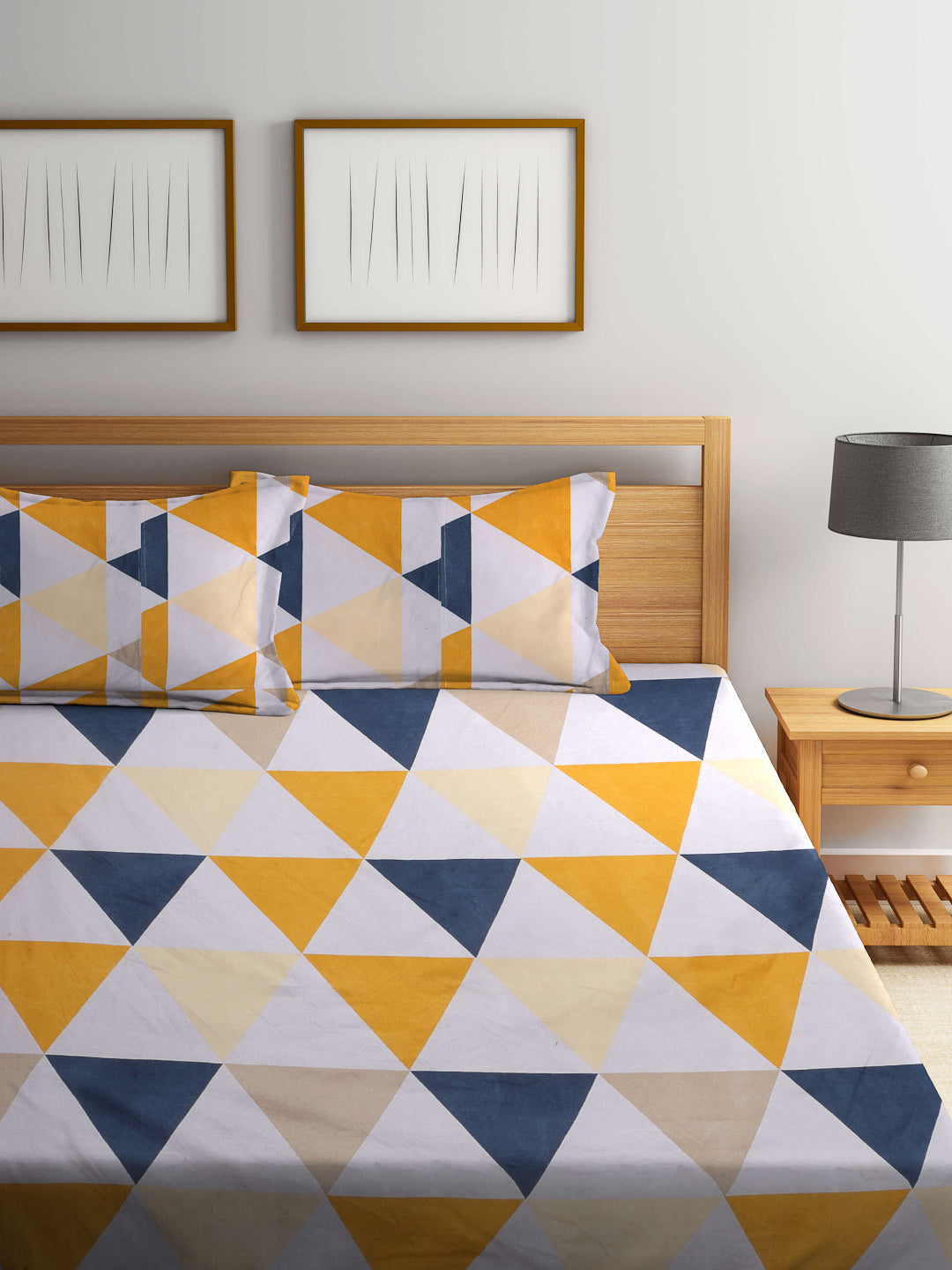 Arrabi Multi Geometric TC Cotton Blend Double King Size Fitted Bedsheet with 2 Pillow Covers (270 X 260 cm)