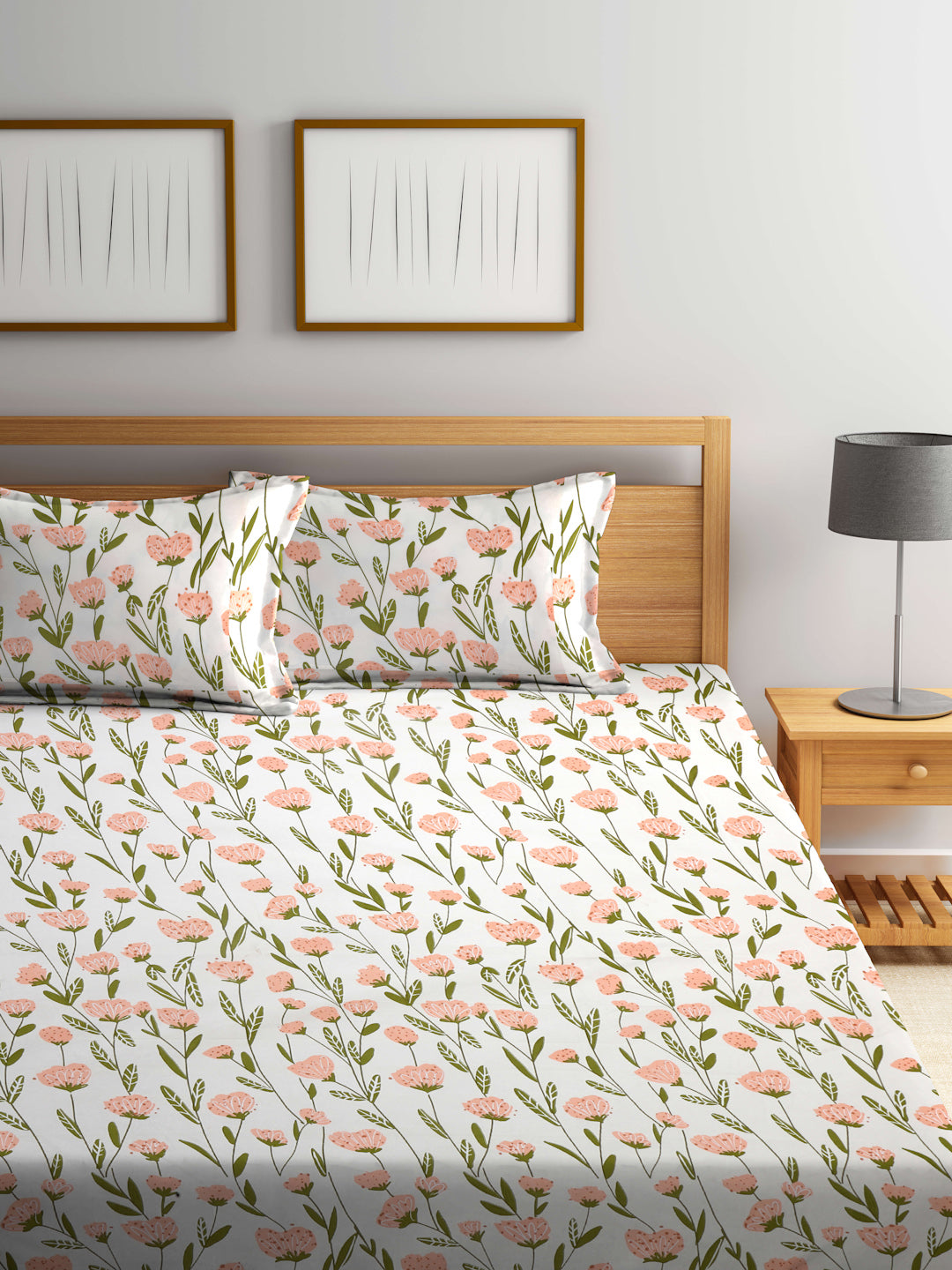 Arrabi Cream Floral TC Cotton Blend King Size Bedsheet with 2 Pillow Covers (250 X 215 cm)