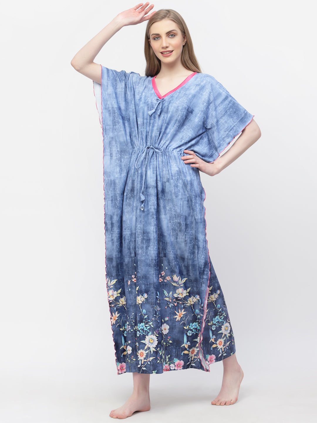 Arrabi Women Blue Floral Kaftan Dress