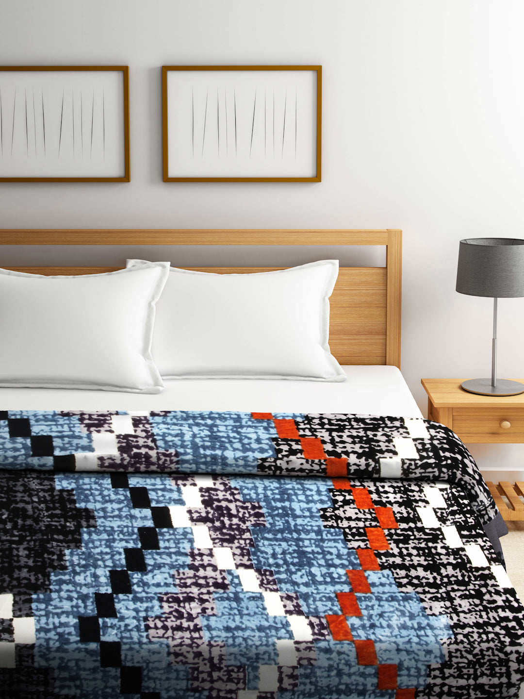 Arrabi Blue Abstract Wool Blend 950 GSM Full Size Double Bed Blanket (240 X 200 cm)