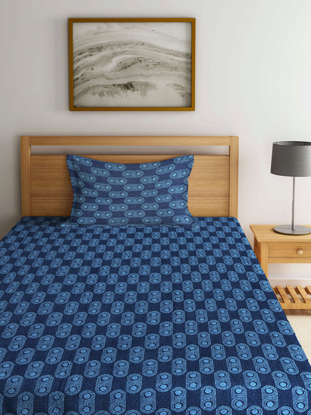 Arrabi Blue Graphic Handwoven Cotton Single Size Bedsheet with 1 Pillow Cover ( 225 X 150 cm)