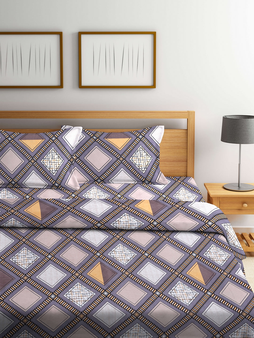 Arrabi Grey Geometric TC Cotton Blend Double Size Comforter Bedding Set with 2 Pillow Cover
