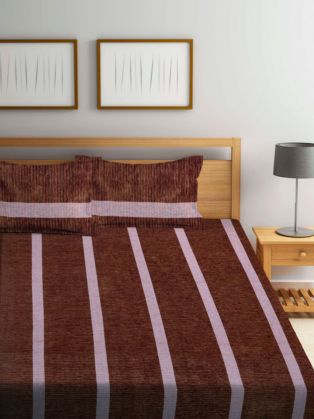 Arrabi Brown Stripes Handwoven Cotton King Size Bedsheet with 2 Pillow Covers (260 X 230 cm)