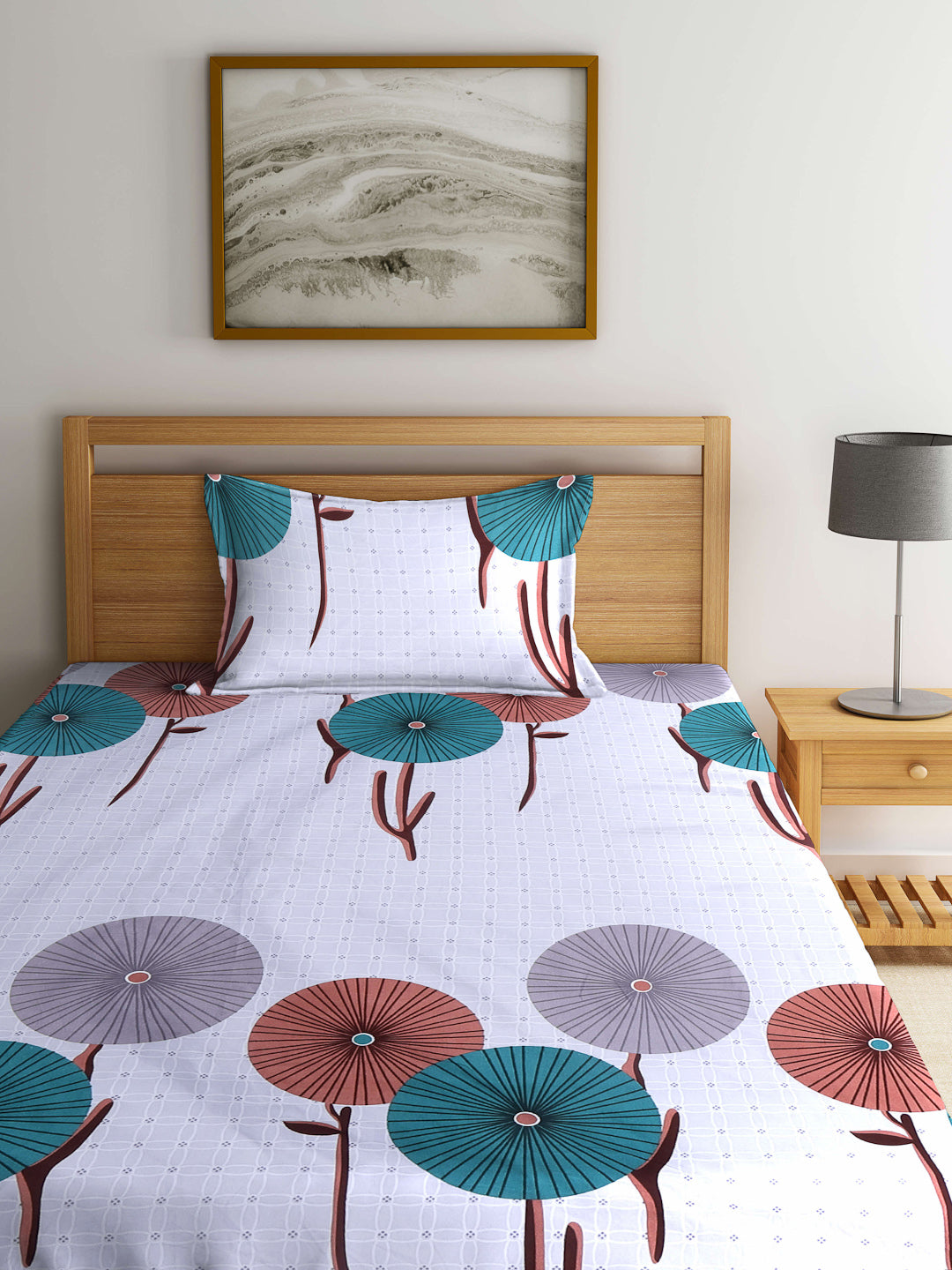 Arrabi Grey Indian TC Cotton Blend Single Size Bedsheet with 1 Pillow Cover ( 220 X 150 cm)