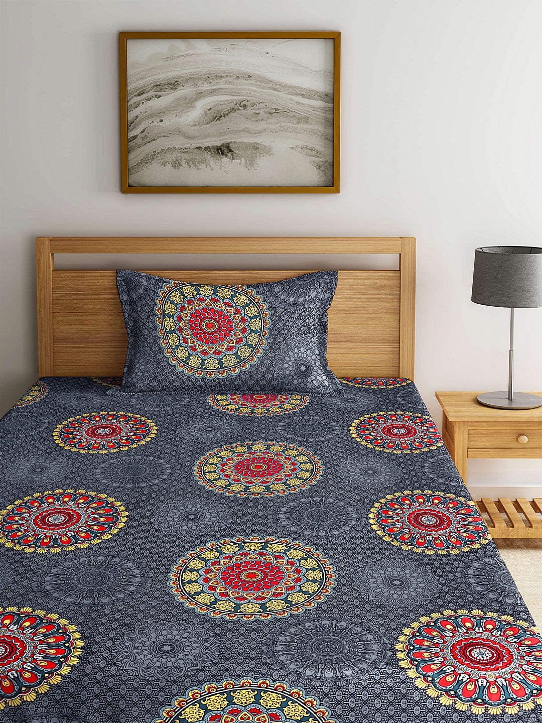 Arrabi Grey Indian TC Polycotton Single Size Bedsheet with 1 Pillow Cover (225 x 150 cm)