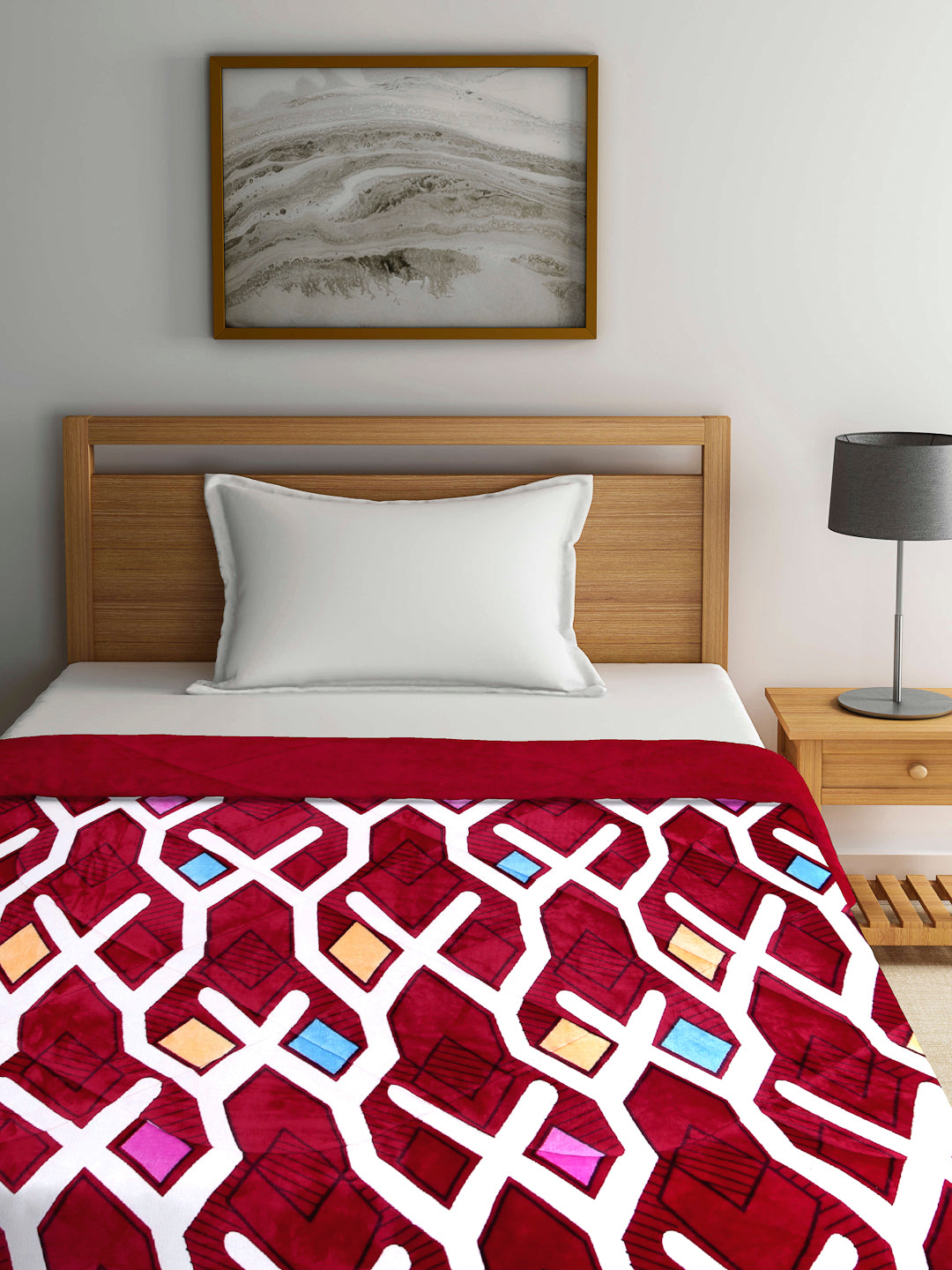 Arrabi Red Geometric Polyester Full Size 1060 GSM Single Bed Quilt (210 x 150 cm)