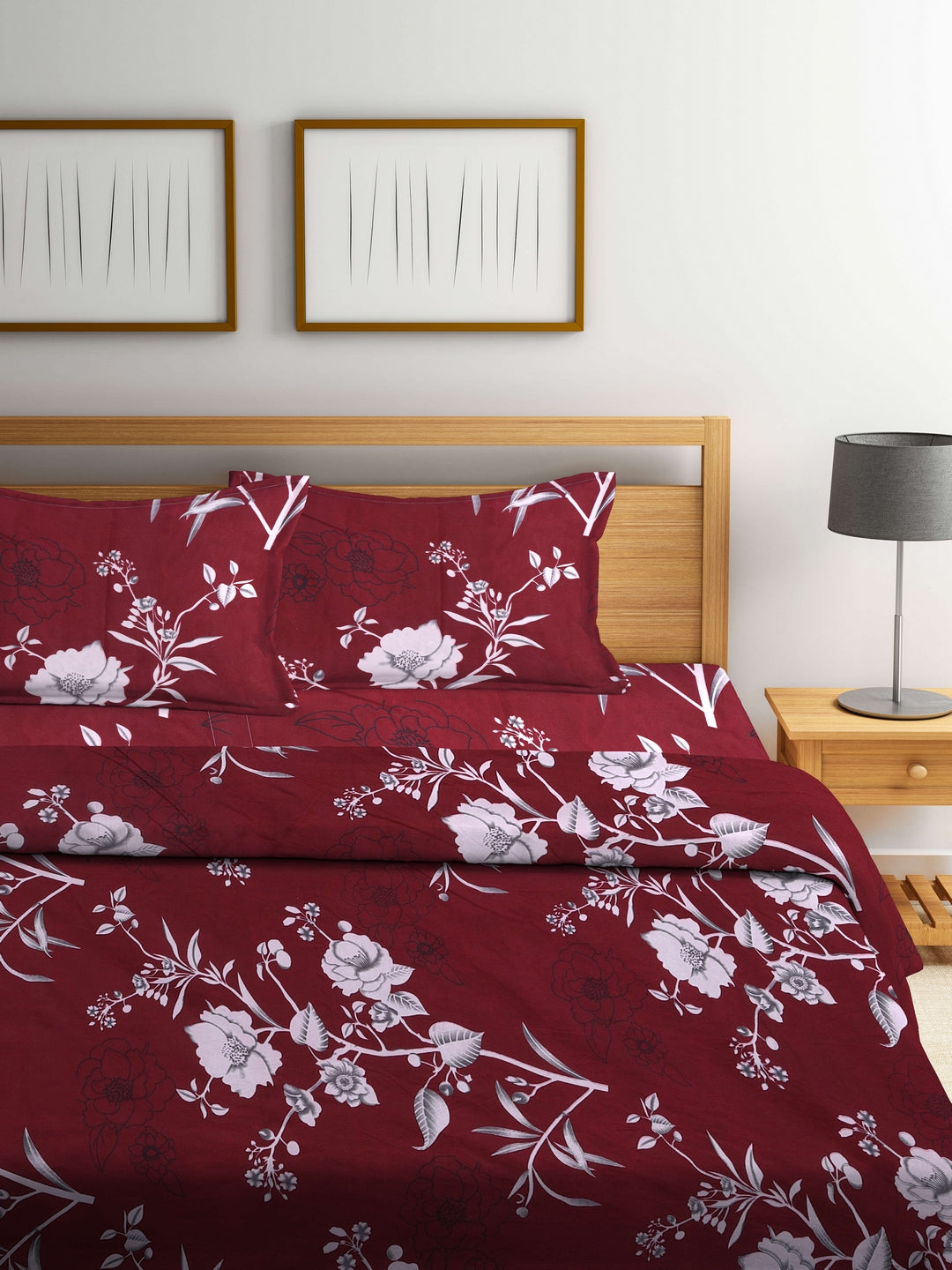 Arrabi Red Floral TC Cotton Blend Double Size Comforter Bedding Set with 2 Pillow Cover