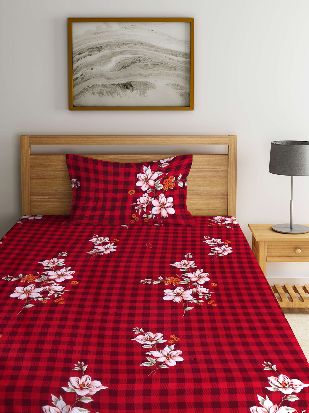Arrabi Red Floral TC Cotton Blend Single Size Fitted Bedsheet with 1 Pillow Cover (220 X 150 cm)