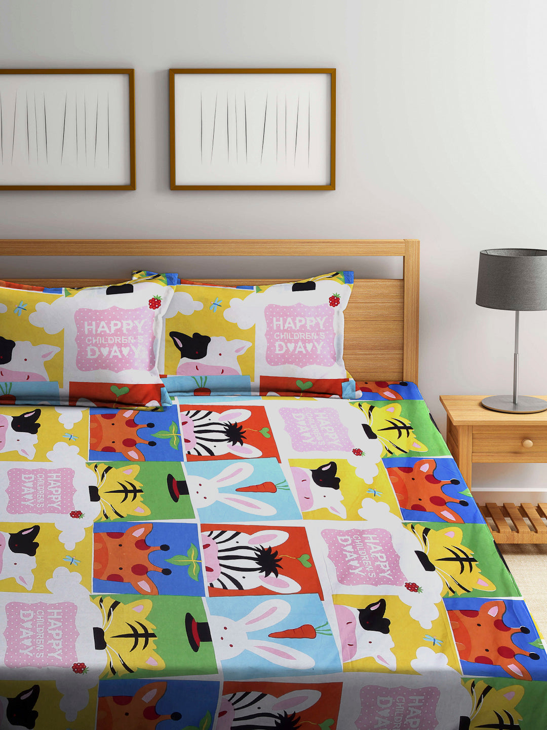 Arrabi Multi Cartoon TC Cotton Blend Double Size Bedsheet with 2 Pillow Cover