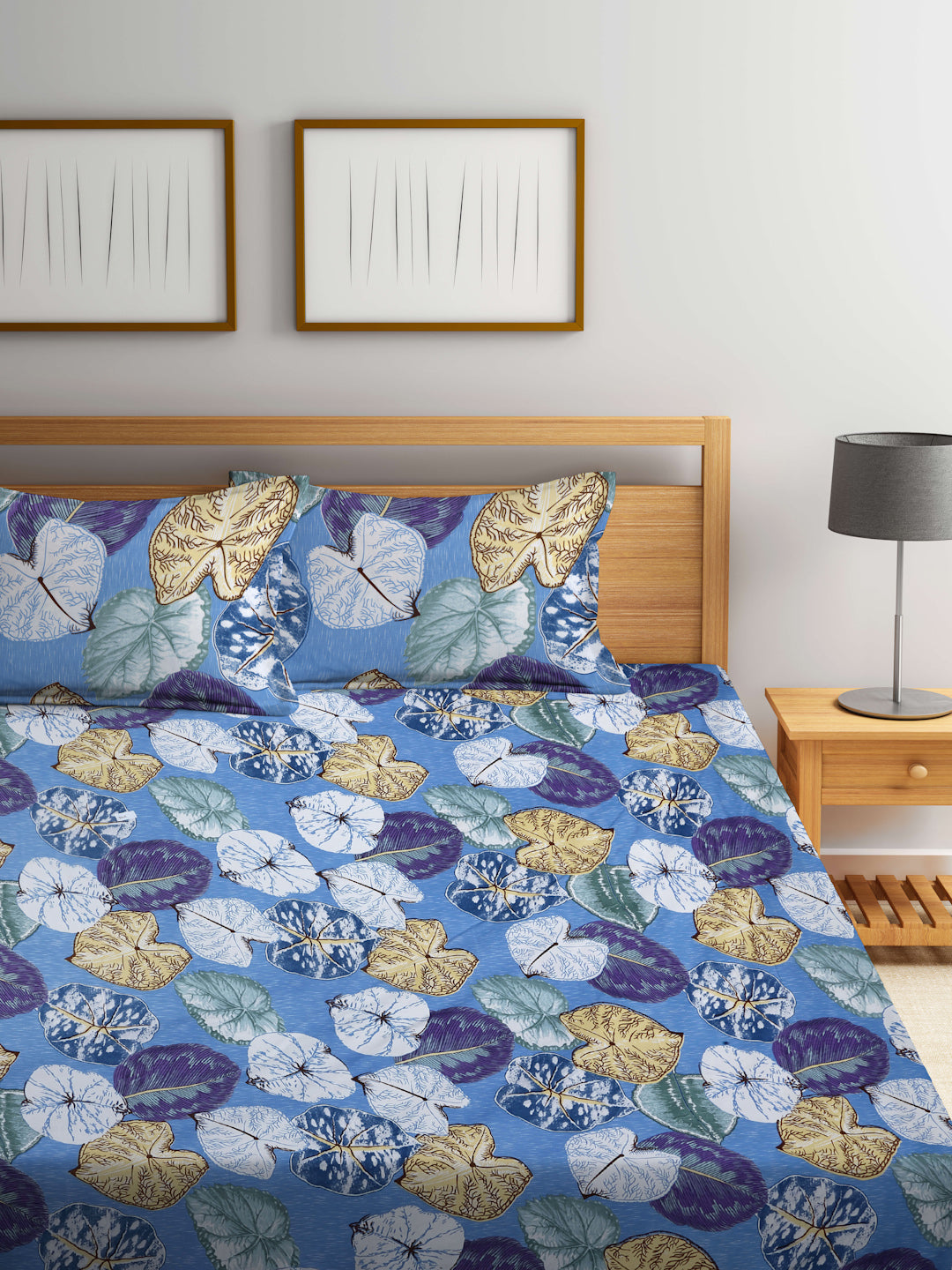 Arrabi Blue Leaf TC Cotton Blend Super King Size Fitted Bedsheet with 2 Pillow Covers(270 X 260 Cm )