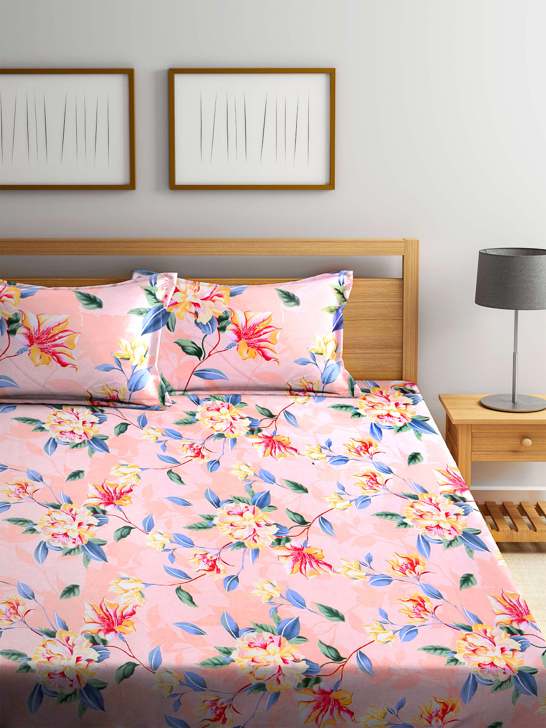 Arrabi Peach Floral TC Cotton Blend Super King Size Fitted Bedsheet with 2 Pillow Covers(270 X 260 Cm )