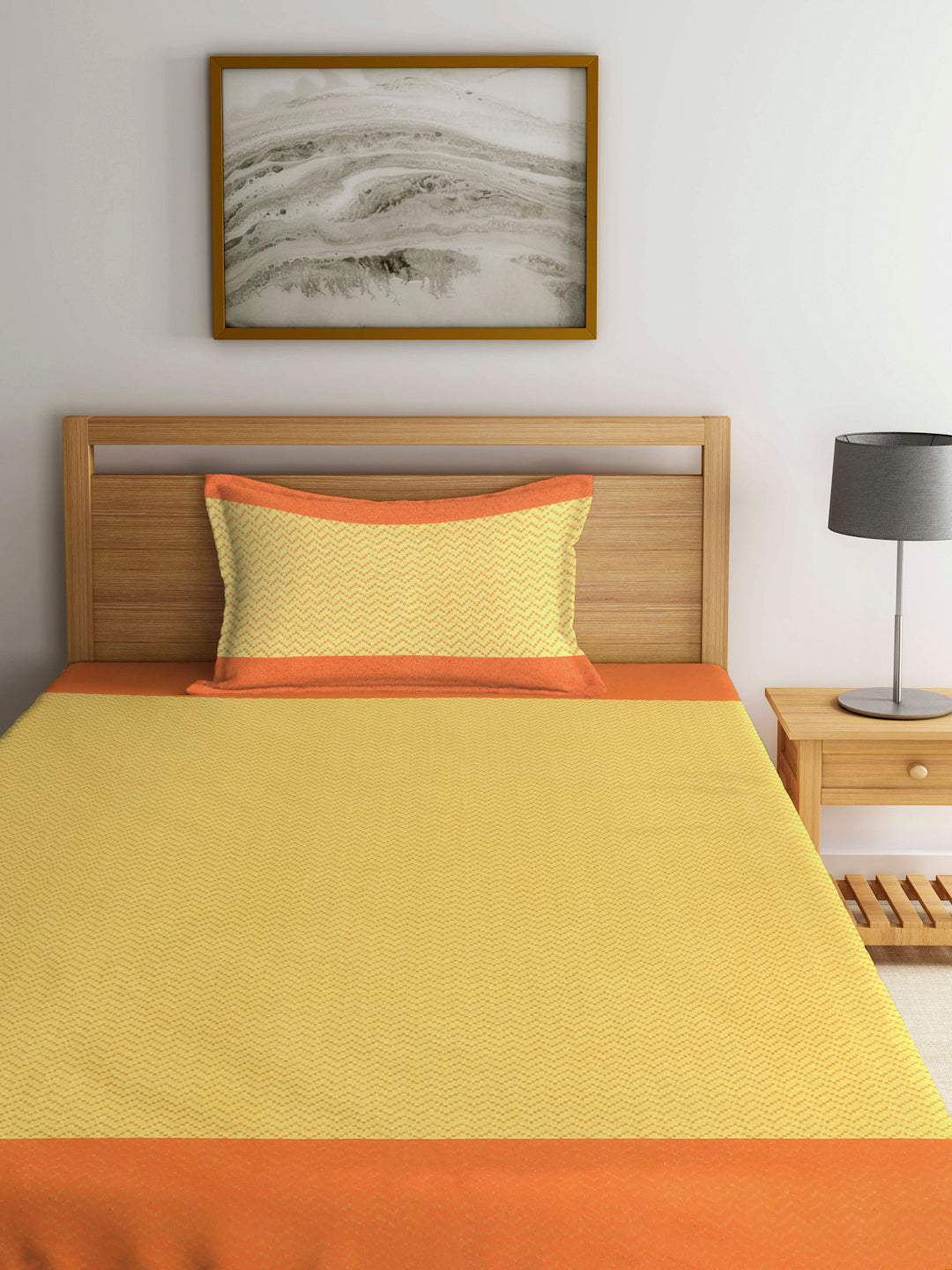 Arrabi Orange Stripes Handwoven Cotton Single Size Bedsheet with 1 Pillow Cover ( 225 X 150 cm)