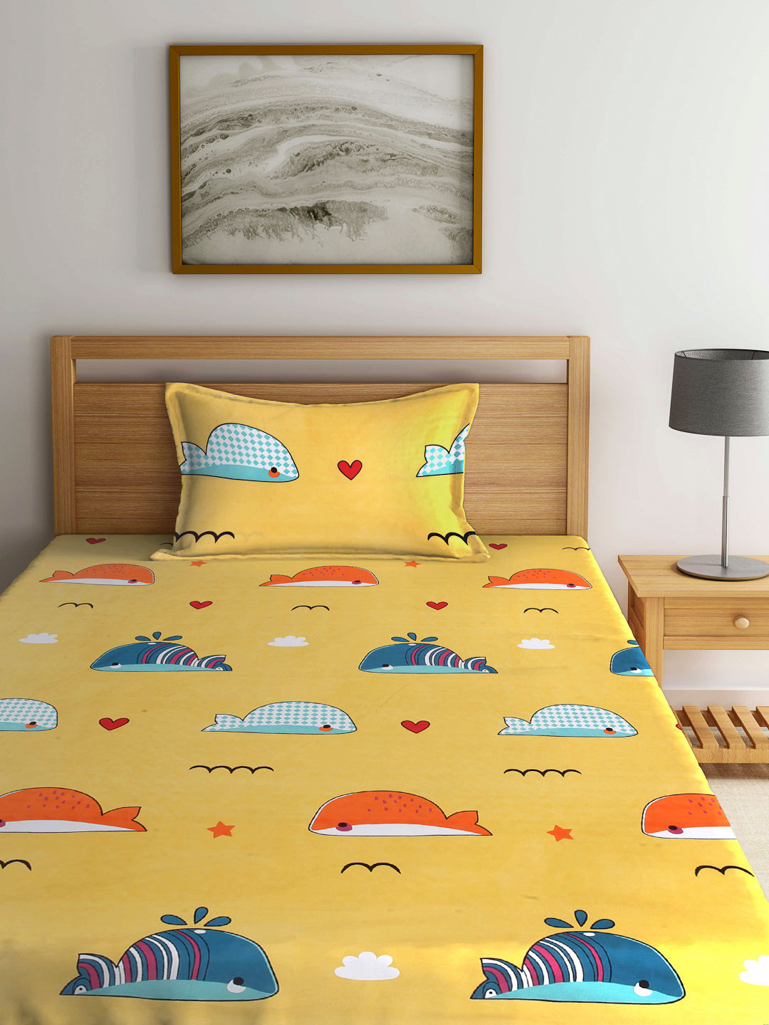 Arrabi Yellow Graphic TC Cotton Blend Single Size Fitted Bedsheet with 1 Pillow Cover (220 X 150 cm)