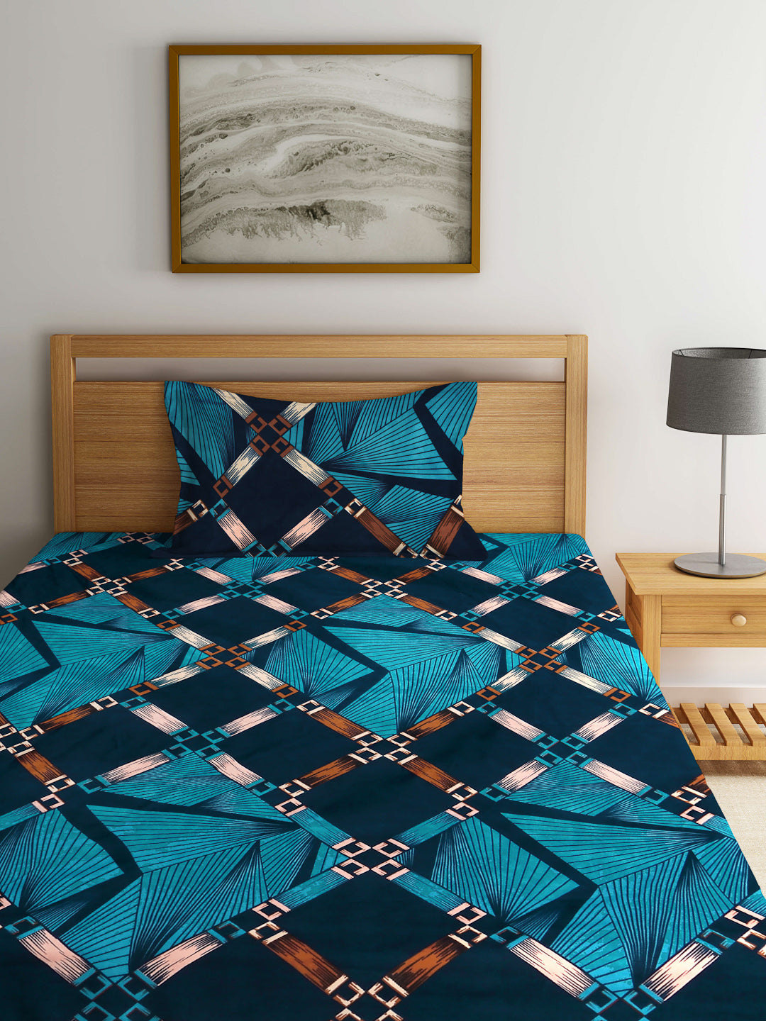 Arrabi Blue Geometric TC Cotton Blend Single Size Bedsheet with 1 Pillow Cover ( 220 X 150 cm)