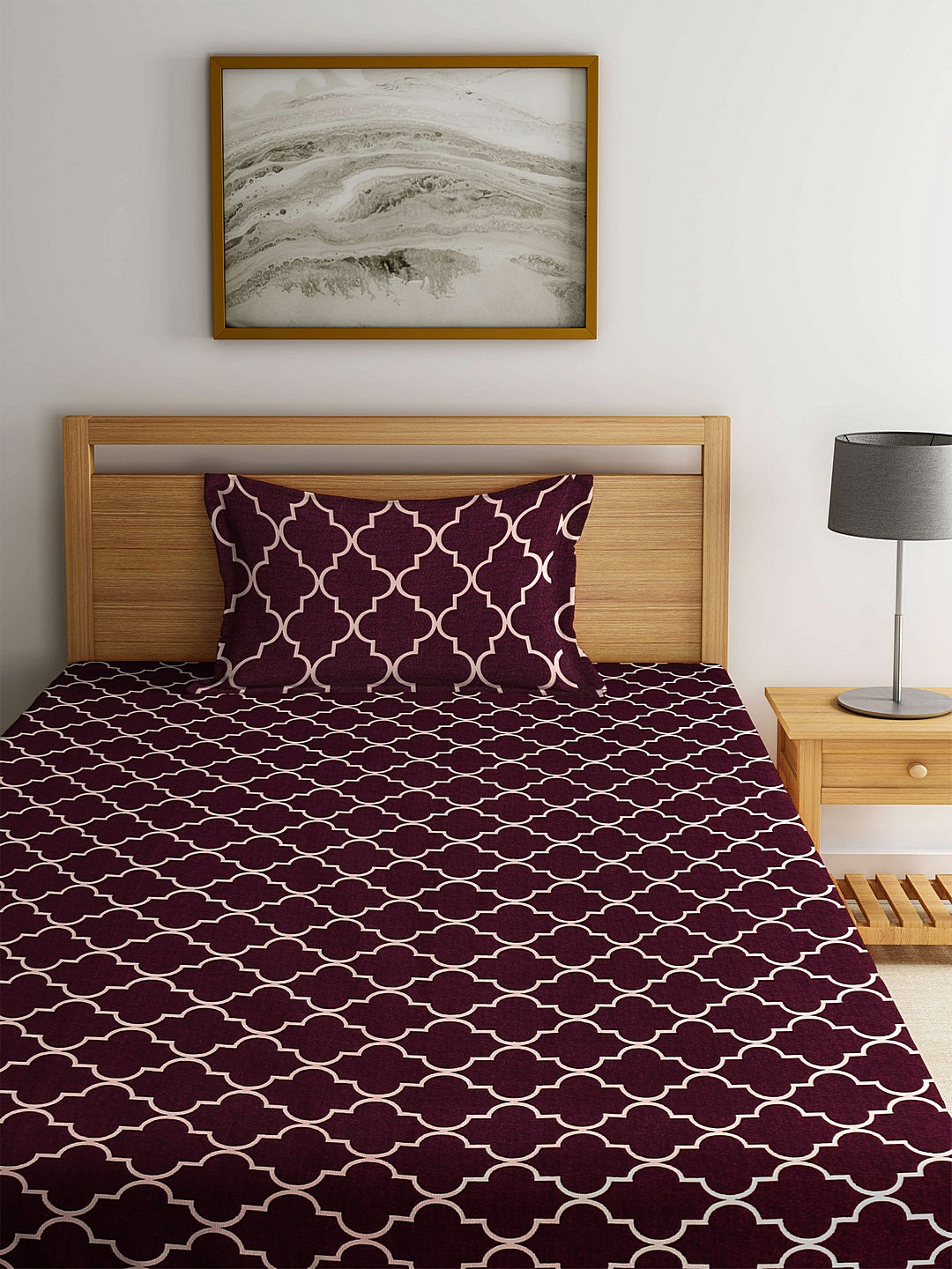 Arrabi Brown Graphic TC Cotton Blend Single Size Fitted Bedsheet with 1 Pillow Cover (220 X 150 cm)