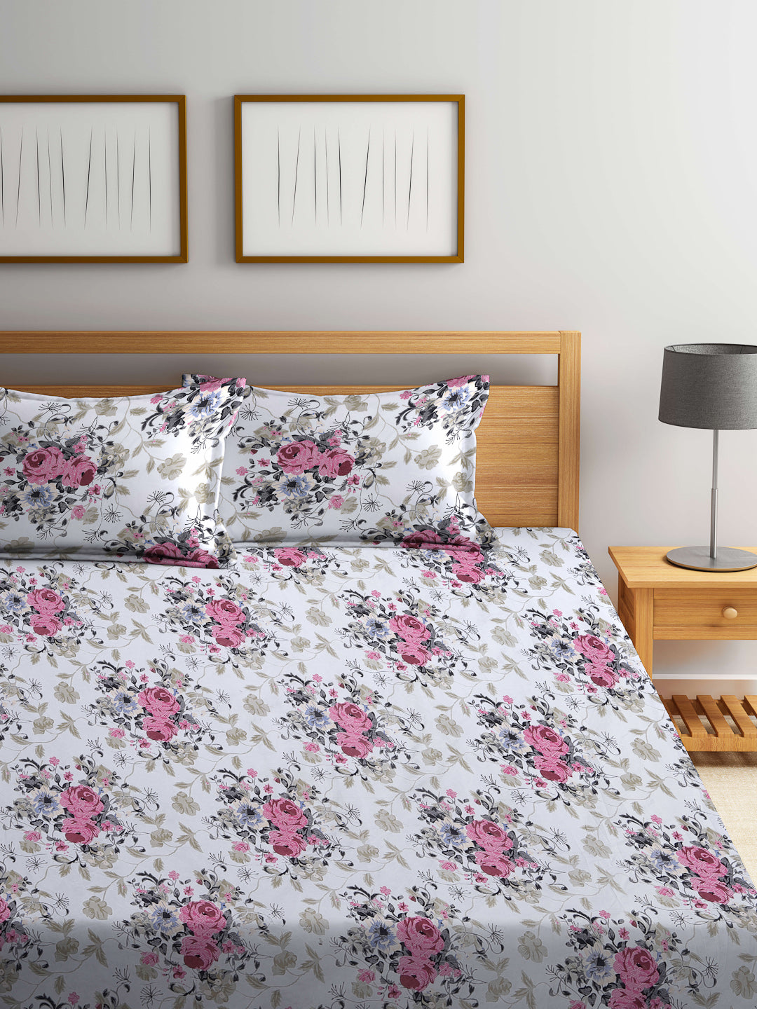 Arrabi White Floral TC Cotton Blend King Size Bedsheet with 2 Pillow Covers (250 X 220 cm)