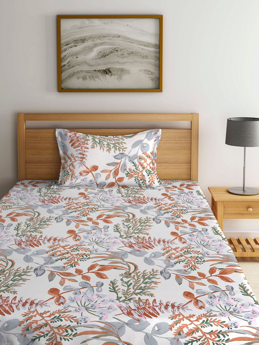 Arrabi Multi Leaf TC Cotton Blend Single Size Bedsheet with 1 Pillow Cover (220 X 150 cm)