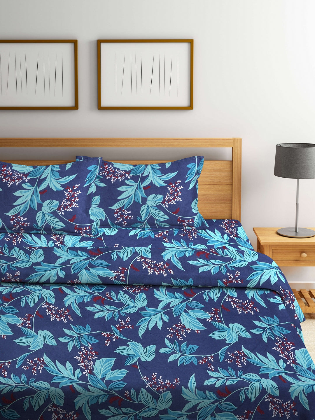 Arrabi Blue Leaf TC Cotton Blend Double Size Comforter Bedding Set with 2 Pillow Cover