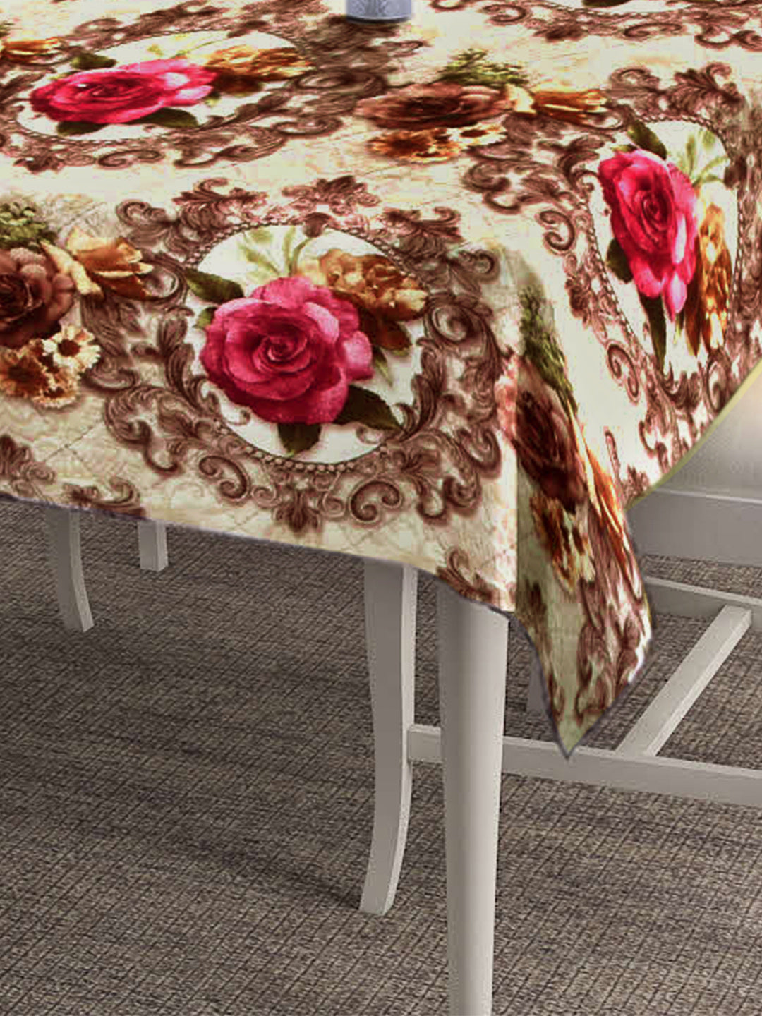 Arrabi Brown Floral TC Cotton Blend 6 Seater Table Cover (180 x 130 cm)
