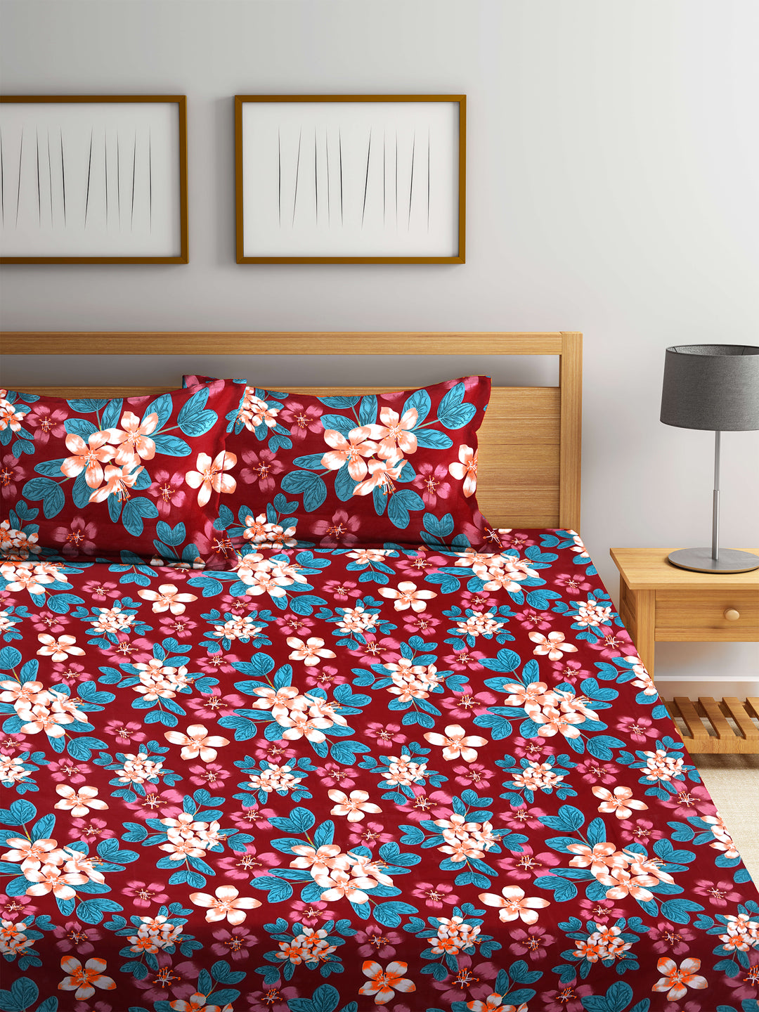 Arrabi Red Floral TC Cotton Blend King Size Fitted Bedsheet with 2 Pillow Covers (250 X 220 Cm )