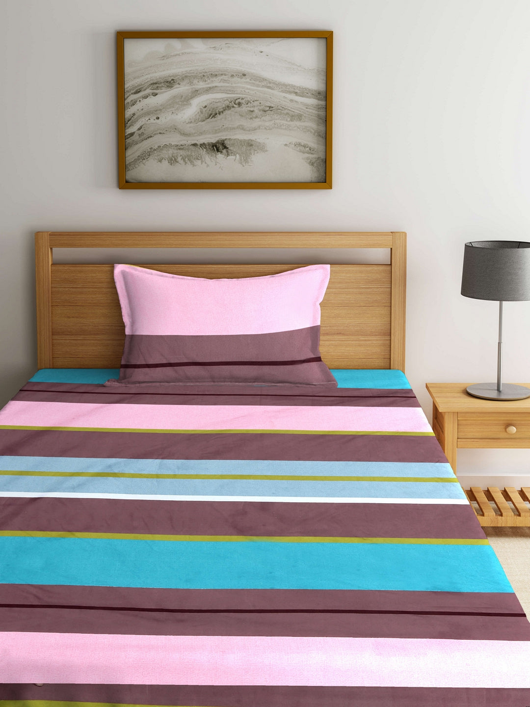 Arrabi Multi Stripes TC Cotton Blend Single Size Bedsheet with 1 Pillow Cover (220 X 150 cm)