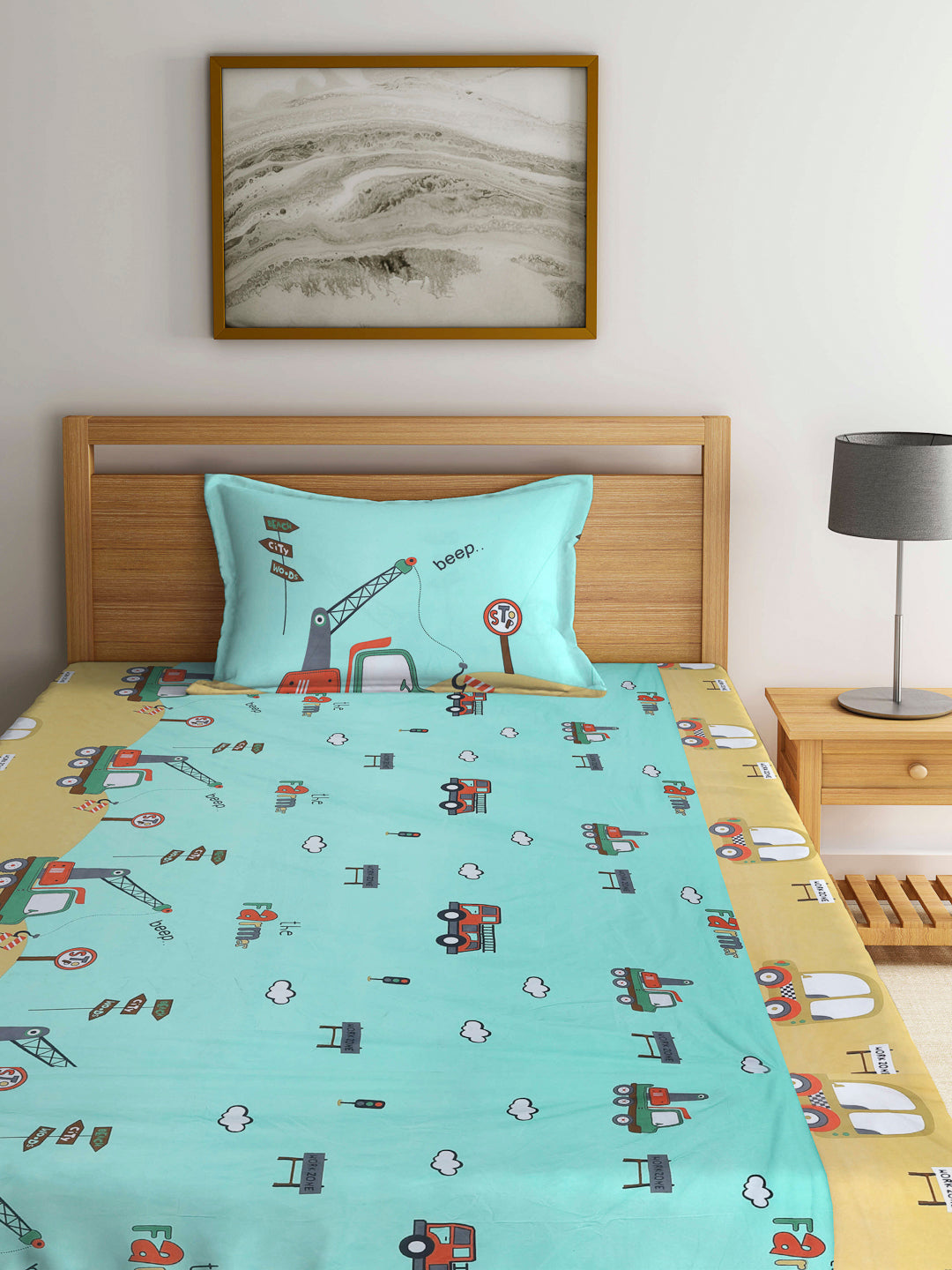 Arrabi Green Cartoon TC Cotton Blend Single Size Fitted Bedsheet with 1 Pillow Cover (220 x 150cm)