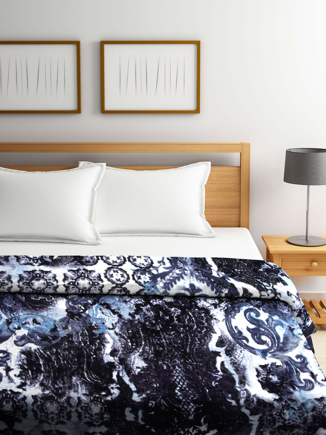 Arrabi Blue Floral Wool Blend 1100 GSM Full Size Double Bed Blanket (230 X 210 cm)