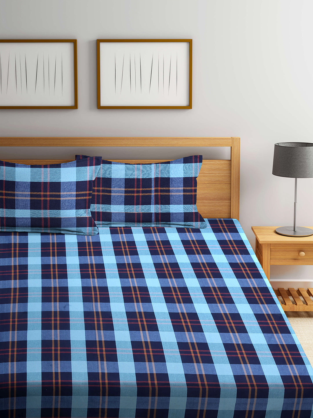 Arrabi Blue Checks Handwoven Cotton Super King Size Bedsheet with 2 Pillow Covers (270 X 270 cm)