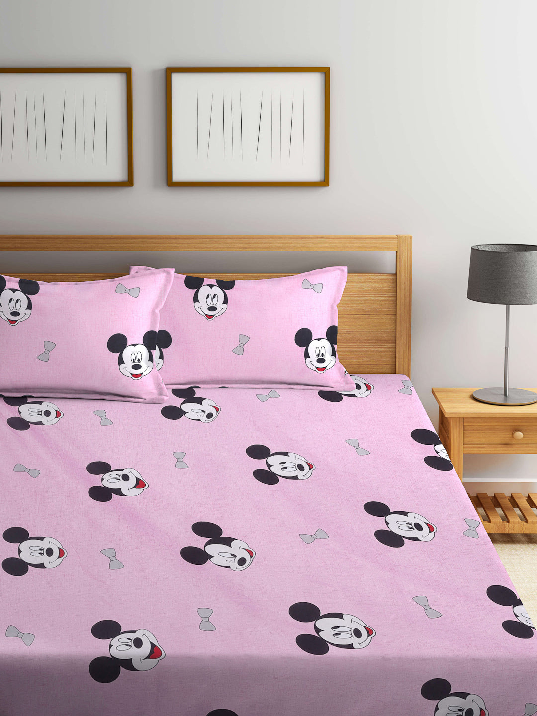 Arrabi Pink Cartoon TC Cotton Blend King Size Fitted Bedsheet with 2 Pillow Covers (250 X 220 Cm )