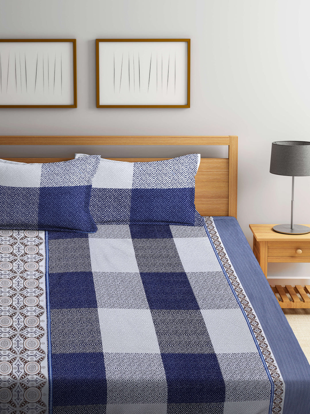 Arrabi Blue Geometric TC Cotton Blend Super King Size Fitted Bedsheet with 2 Pillow Covers (270 X 260 Cm )
